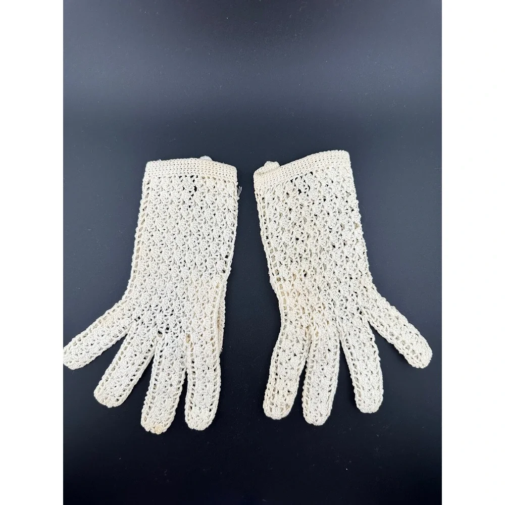 Vintage 40s Hand Crochet Gloves France Post WWII Ivory Lace Formal Bridal